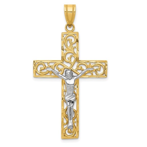 Million Charms 14k Gold Two-Tone D/C Large Block Filigree Crucifix Pendant